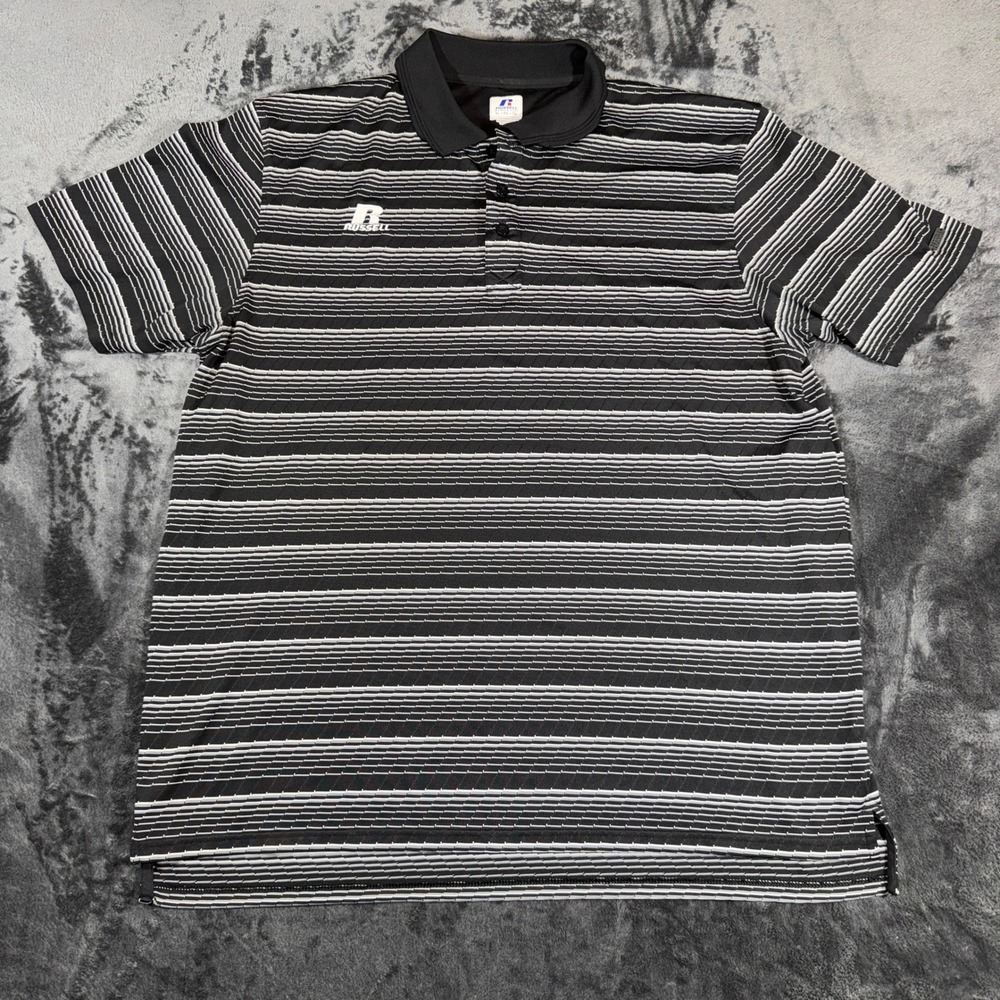 Russell Athletic Mens Performance Polo Shirt Black White Striped XL 830GLMK